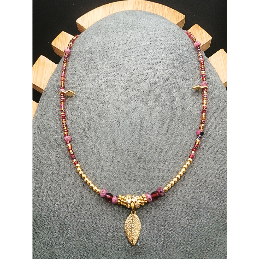 Collier bohéme Feuille et quartz rose