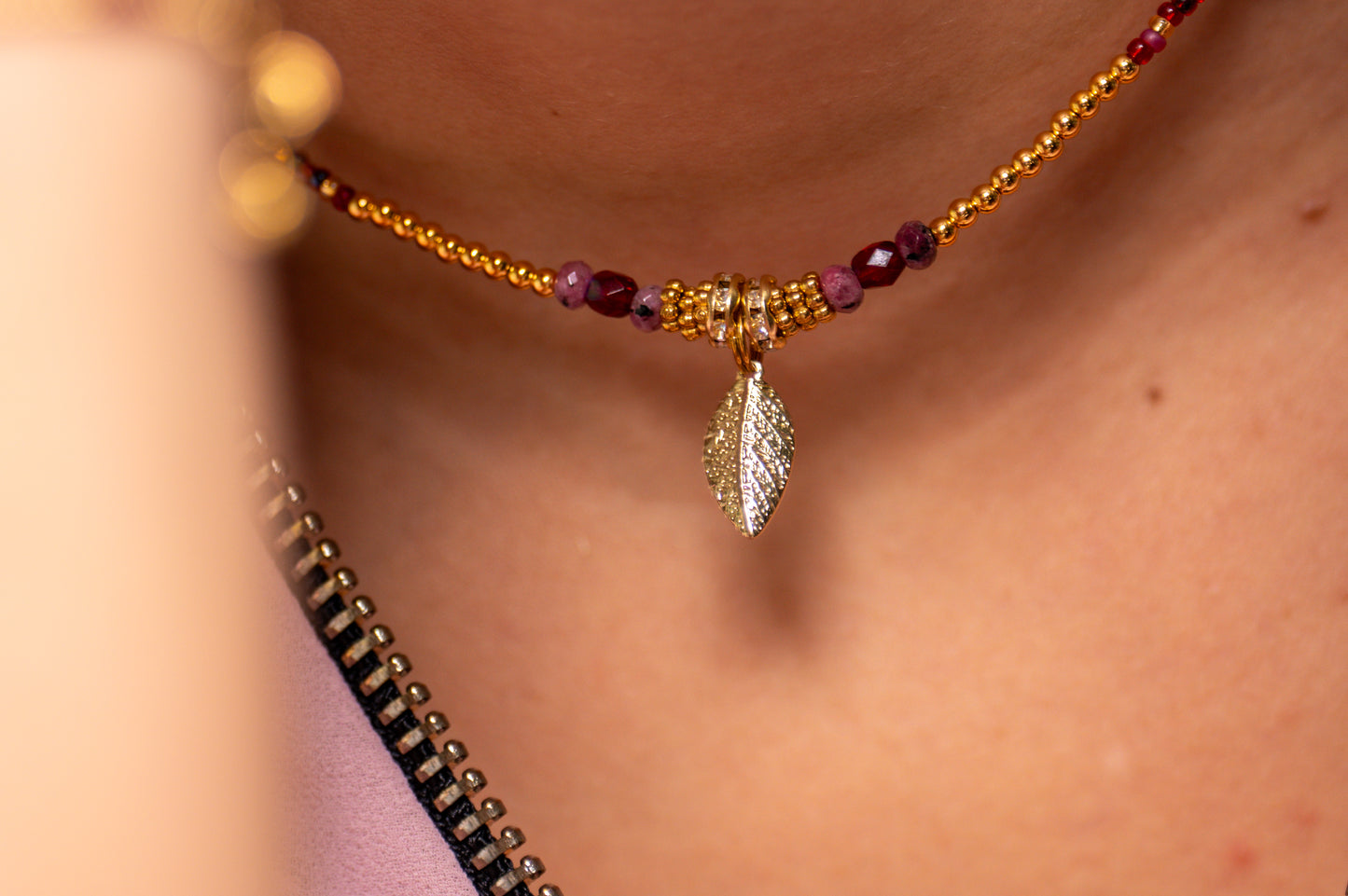 Collier bohéme Feuille et quartz rose
