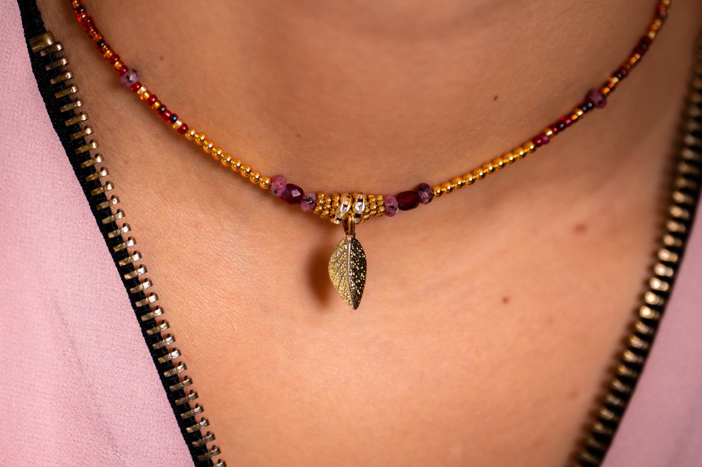 Collier bohéme Feuille et quartz rose