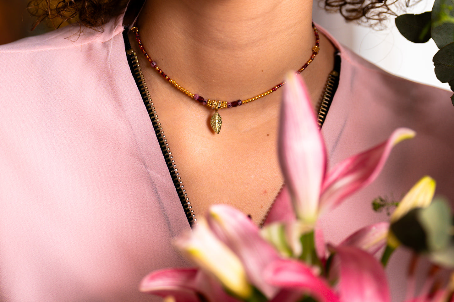Collier bohéme Feuille et quartz rose